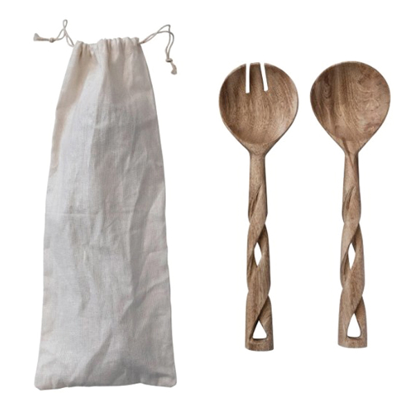 Creative Co-Op DF7400 Salad Server, 2-Piece, Wood, Natural, Specifications: 11 in Length - 5