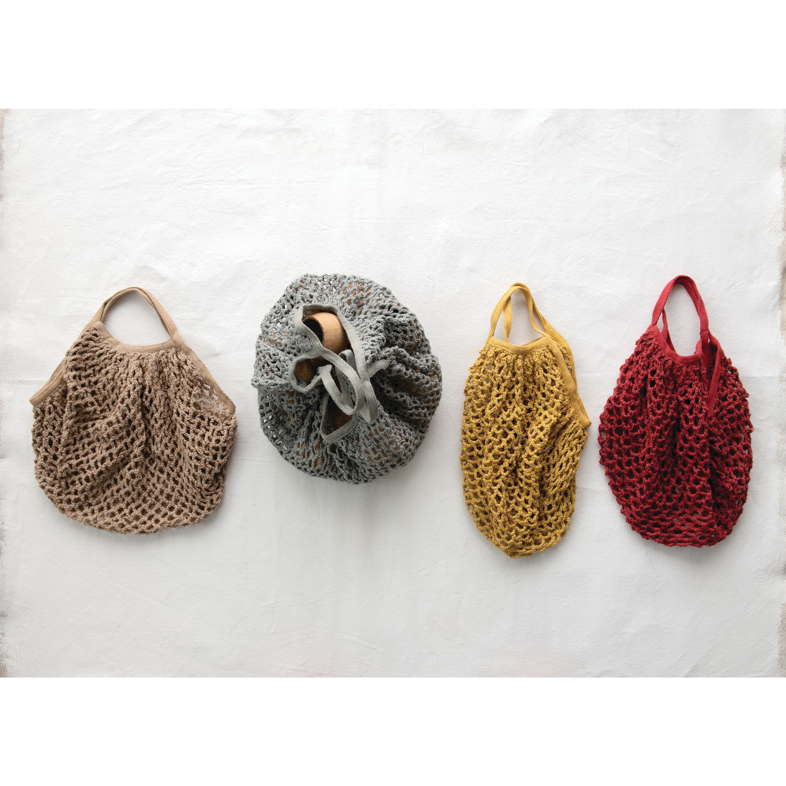 Creative Co-Op Rustic Country Series DF3612A Crochet Market Bag, 15 in W, 10-1/2 in H, Cotton, Assorted - 3