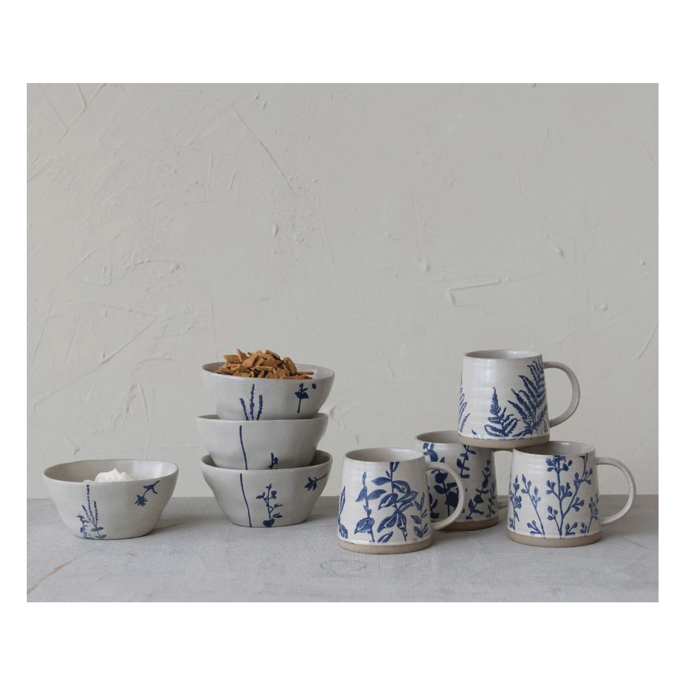 Creative Co-Op At The Table Series DF6633A Mug with Botanicals, 16 oz, Stoneware, Antique White/Blue - 2