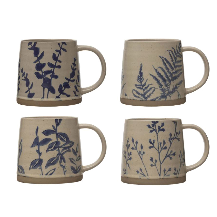 Creative Co-Op At The Table Series DF6633A Mug with Botanicals, 16 oz, Stoneware, Antique White/Blue - 3