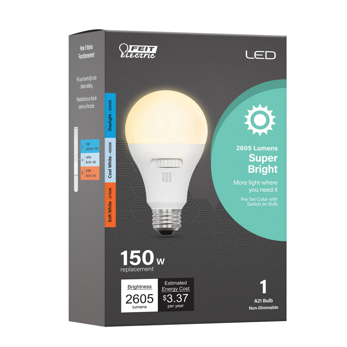 OM150/3CCT/LEDI LED Light Bulb, A21 Lamp, 150 W Equivalent, E26 Lamp Base, Non-Dimmable