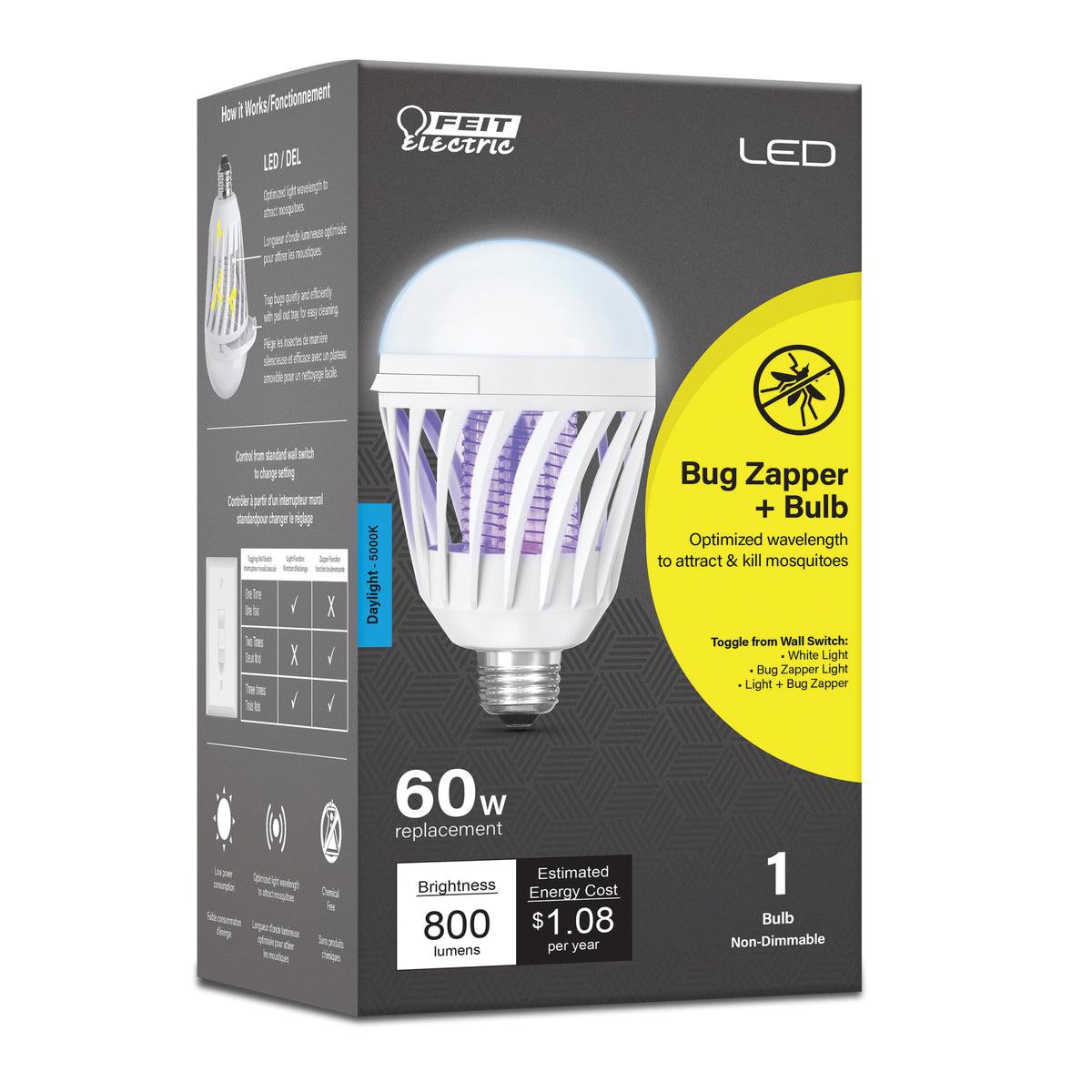 C60/950CA/BZ/LED Bug Zapper and Light Bulb, 9 W, Cylinder Bulb, E26 Base, LED Lamp, 800