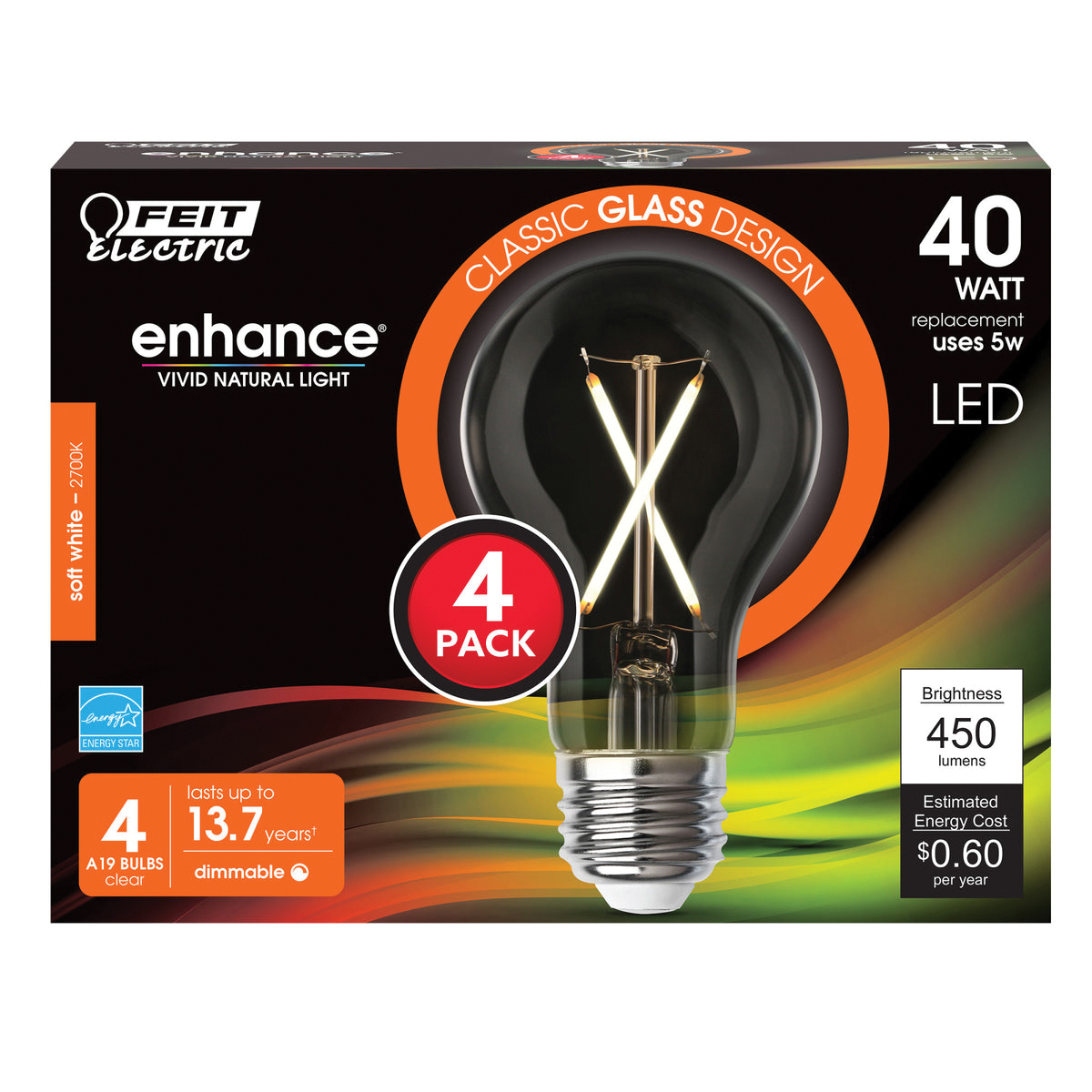 A1940CL927CA/FIL/4 LED Light Bulb, A19 Lamp, 40 W Equivalent, E26 Lamp Base, Dimmable, Clear