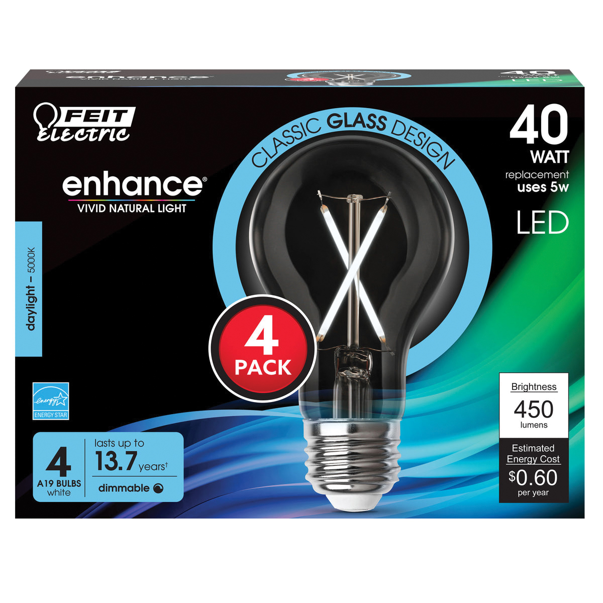 A1940CL950CA/FIL/4 Filament LED Bulb, Type A, A19 Lamp, 40 W Equivalent, E26 Lamp Base, Dimmable, Clear