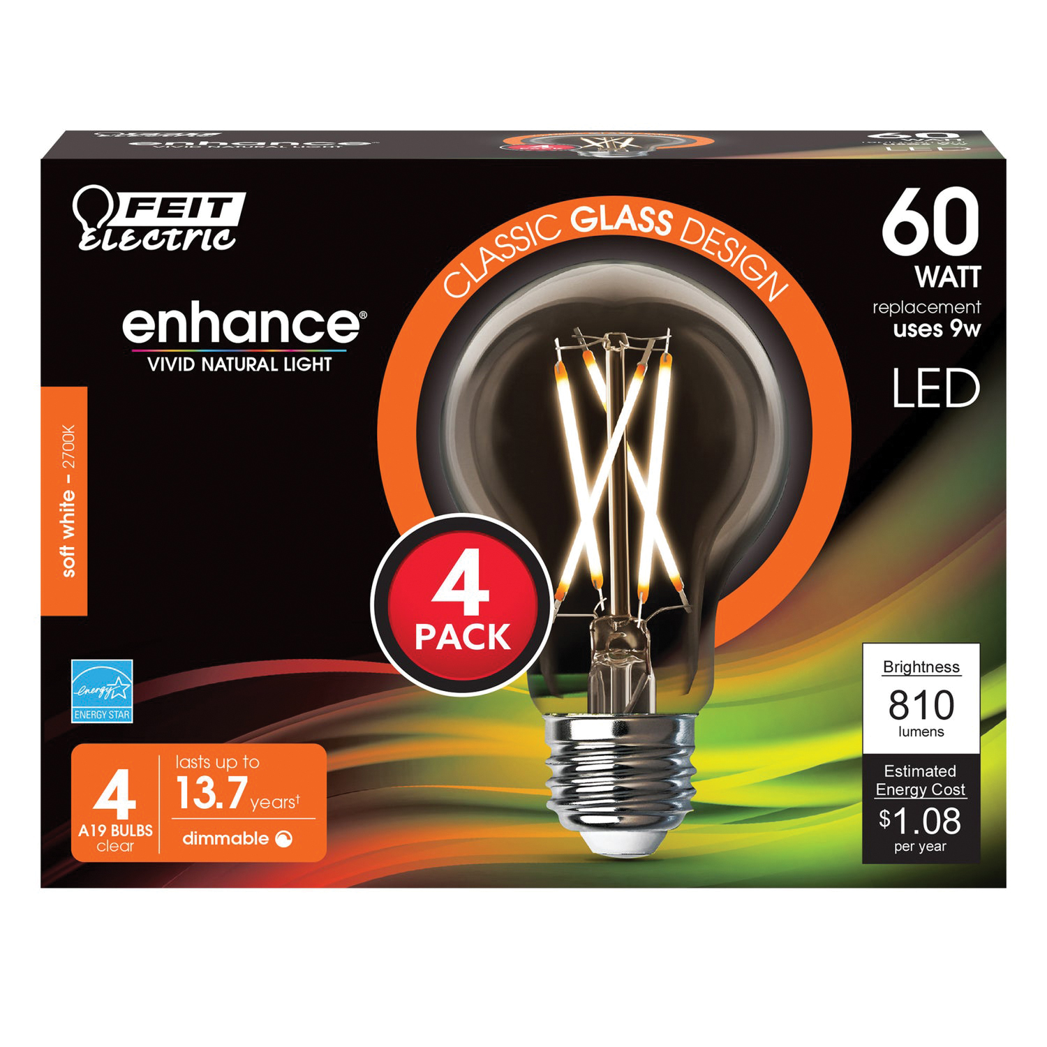 A1960CL927CA/FIL/4 Filament LED Bulb, Type A, A19 Lamp, 60 W Equivalent, E26 Lamp Base, Dimmable, Clear, 4/PK