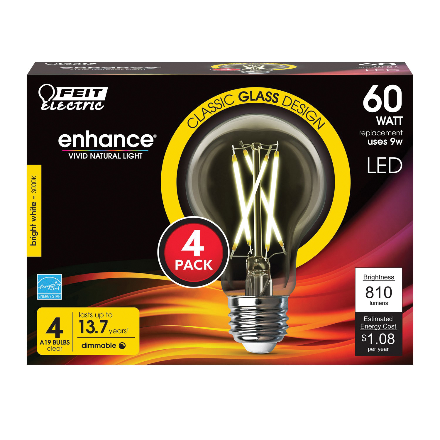 A1960CL930CA/FIL/4 Filament LED Bulb, Type A, A19 Lamp, 60 W Equivalent, E26 Lamp Base, Dimmable, Clear, 4/PK