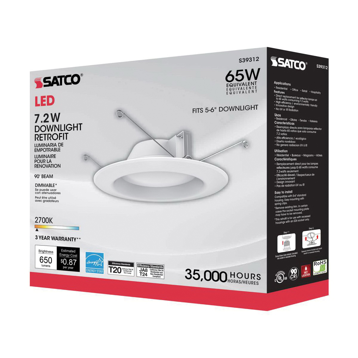LED Retrofit Downlight, Satco, 5-6 in, 65 Watt Equivalent, 650 Lumen, 2700 Kelvin, White - 1