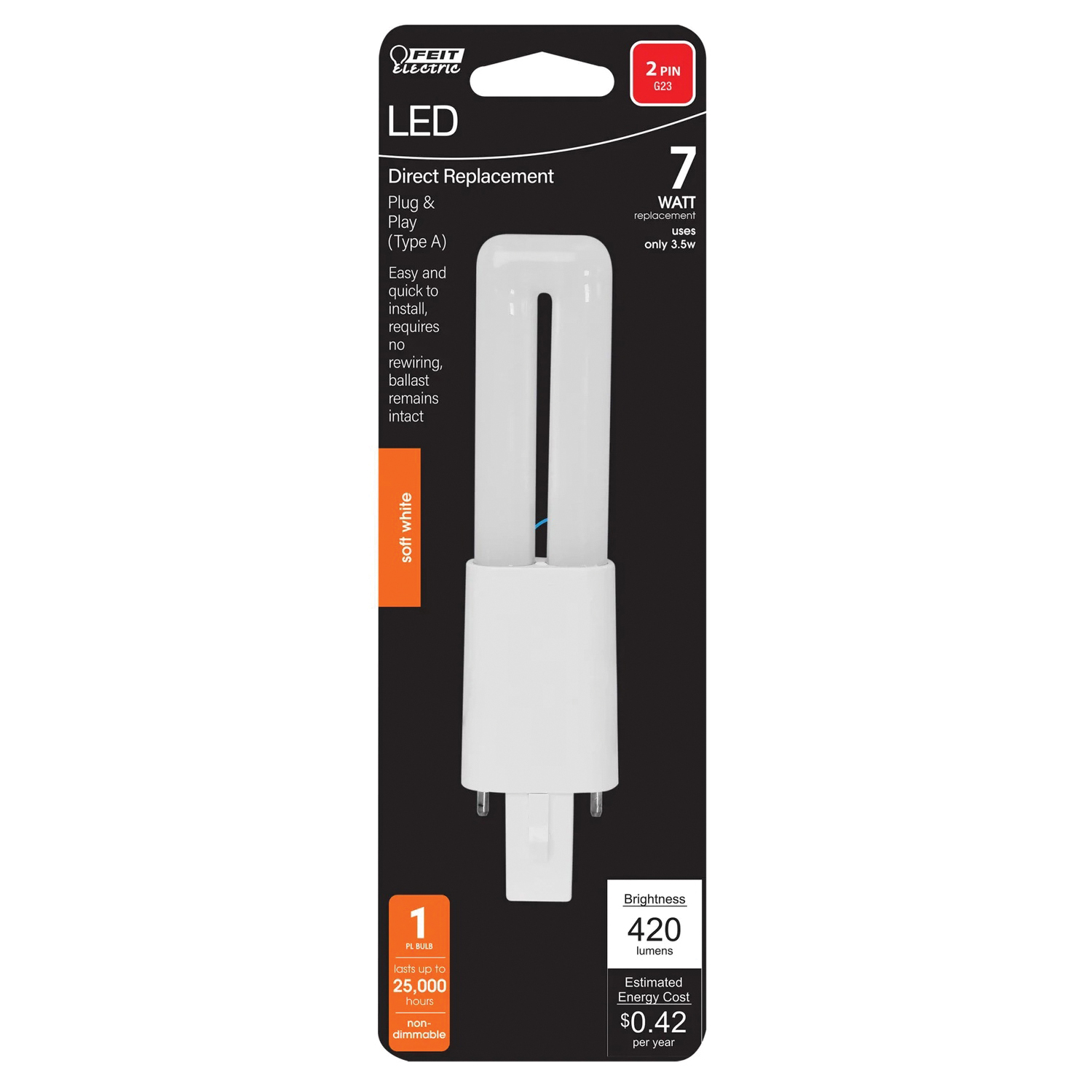 BPPL7/827/LEDG2/HDRP LED Bulb, Twin Tube, 420 Lumens, 3.5 W, PL Lamp, G23 Lamp Base, Non-Dimmable, 1/PK