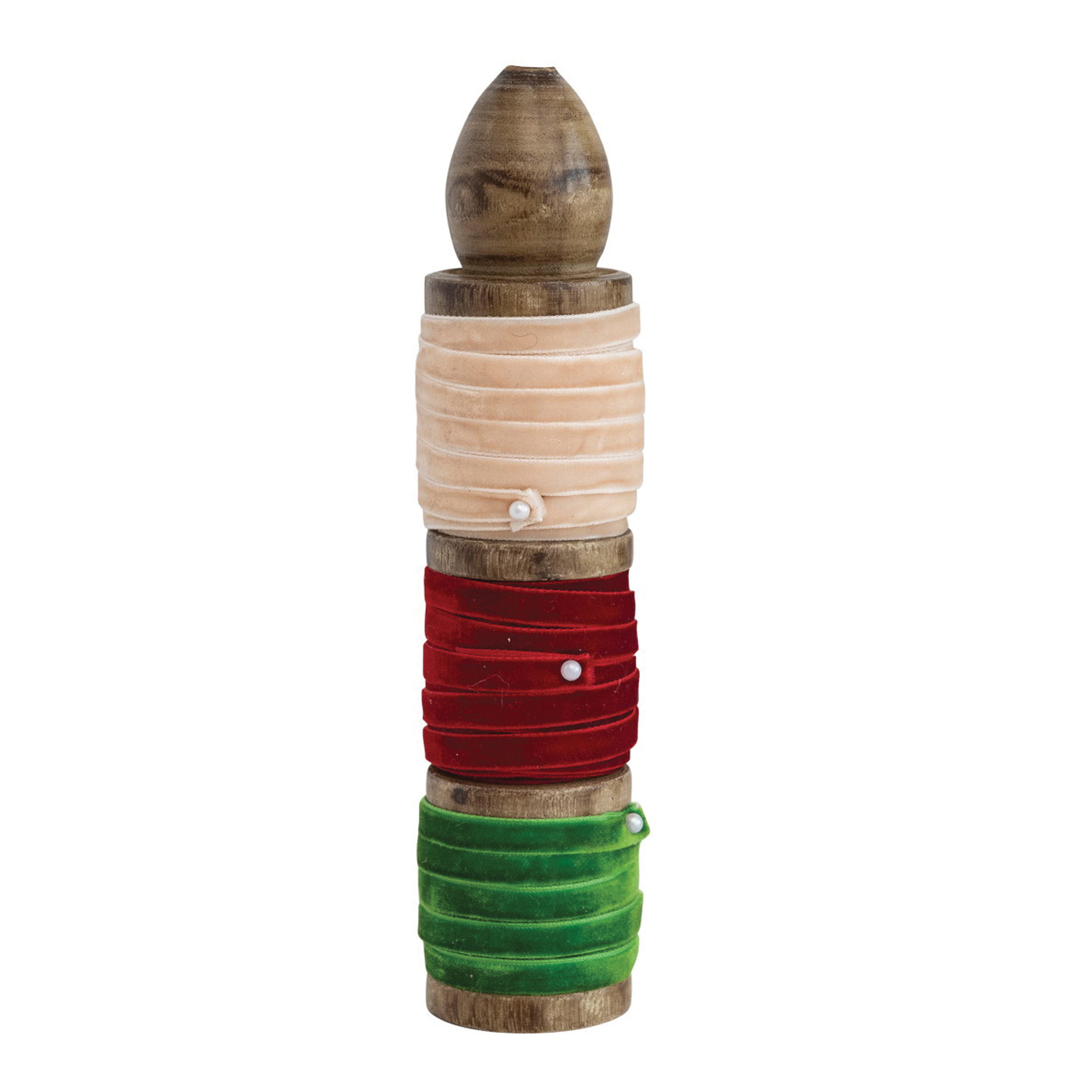 Creative Co-Op Tinsel & Trim Series XS4141 Ribbon On Wood Spool, 3 yd L, Velvet, Green/Ivory/Red - 1