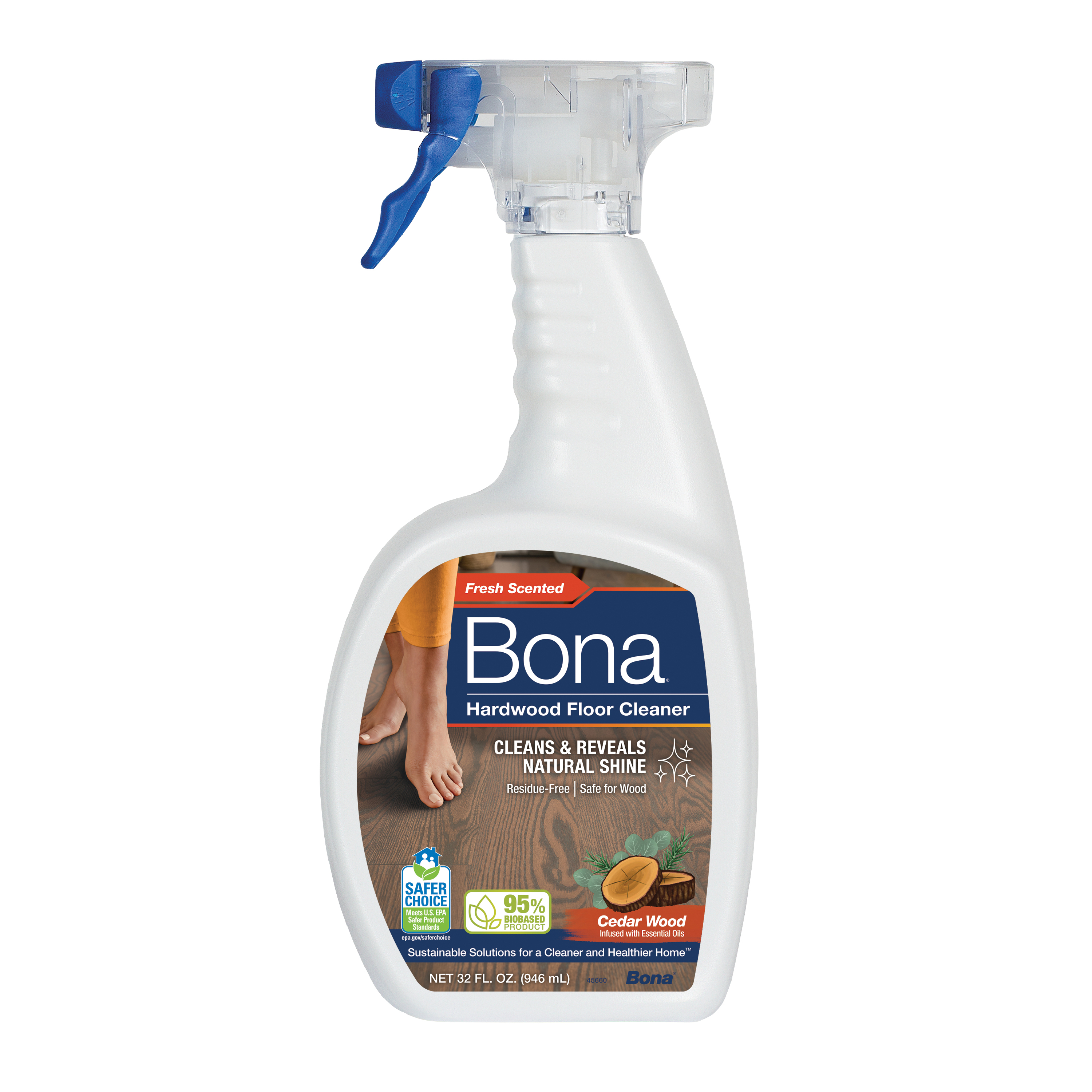 Bona WM700051223 Hardwood Floor Cleaner, 32 oz Bottle, Liquid, Cedar Wood, Blue