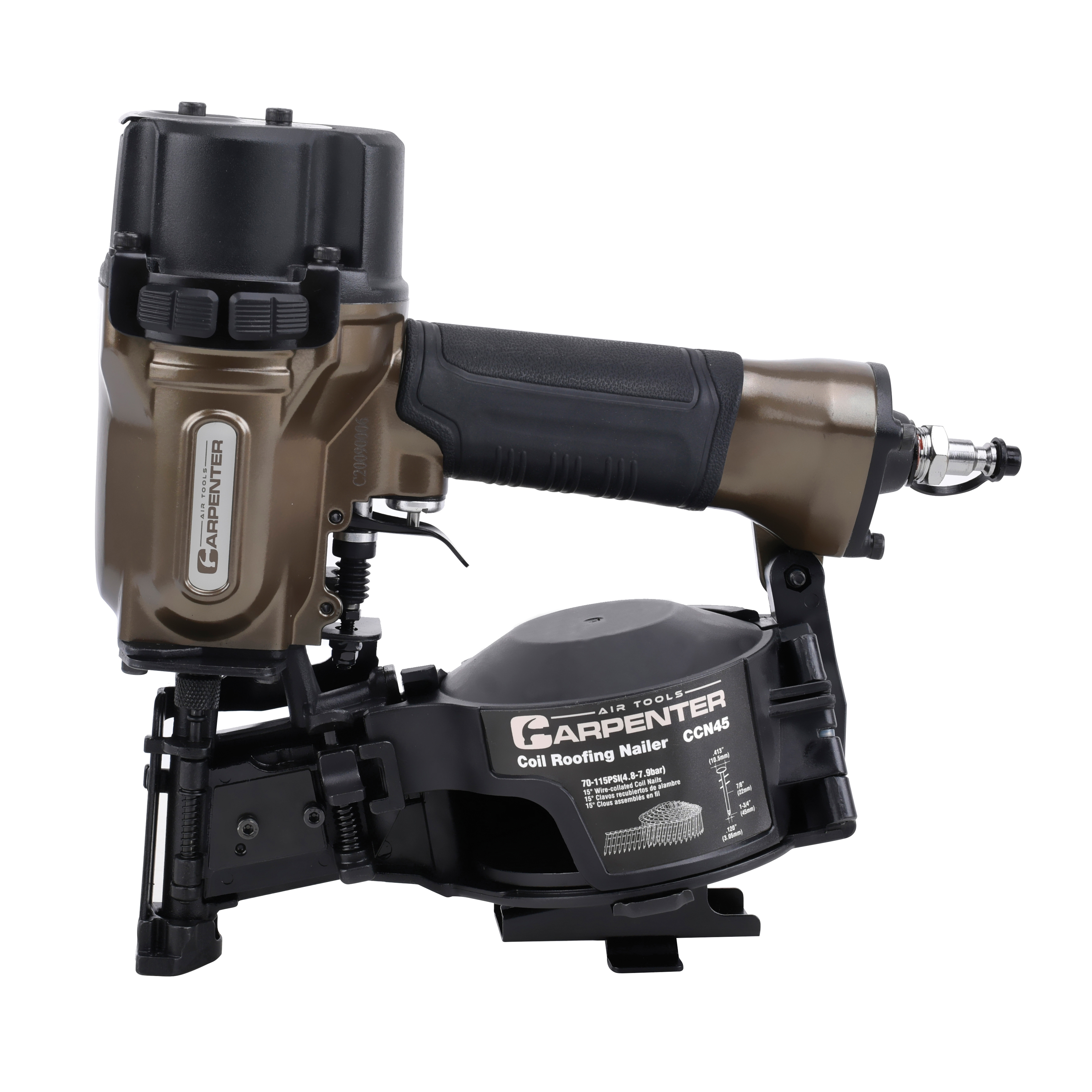 CCN45 Coil Roofing Nailer, 120 Magazine, Coil Collation, 0.12 in Dia x 7/8 to 1-3/4 in L Fastener