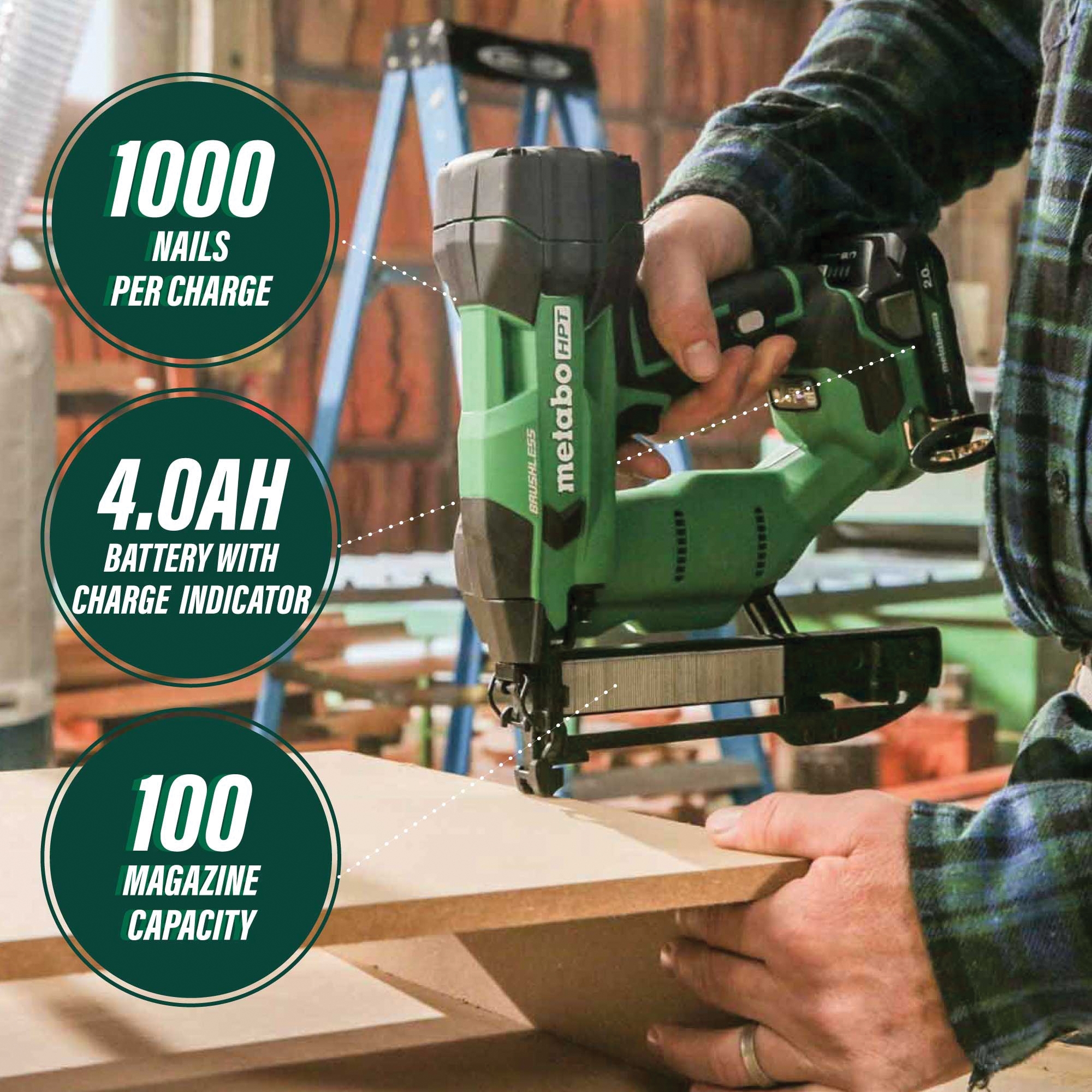 Cordless Stapler, Metabo HPT, Battery Included, 18 V, 2 Ah, 1/4 in W Crown, 1/2 to 1-1/2 in L Leg - 2
