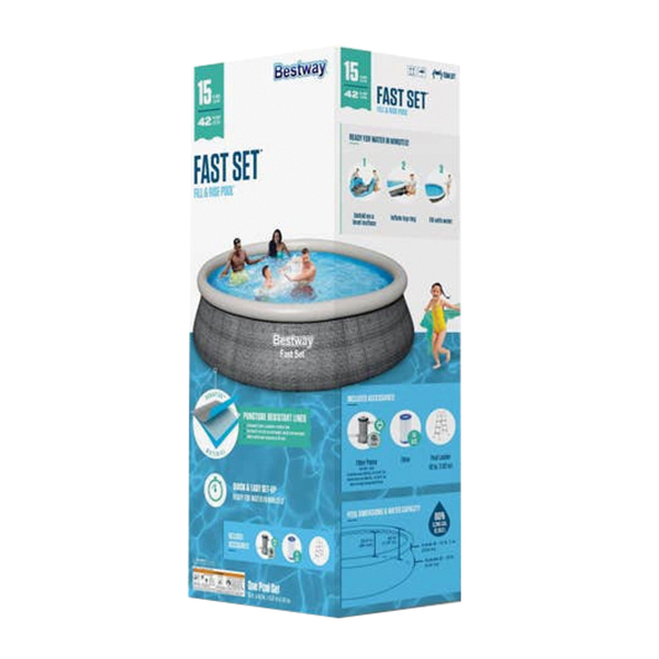 57371E Inflatable Pool Set, Round, 3266 gal, Plastic, Gray