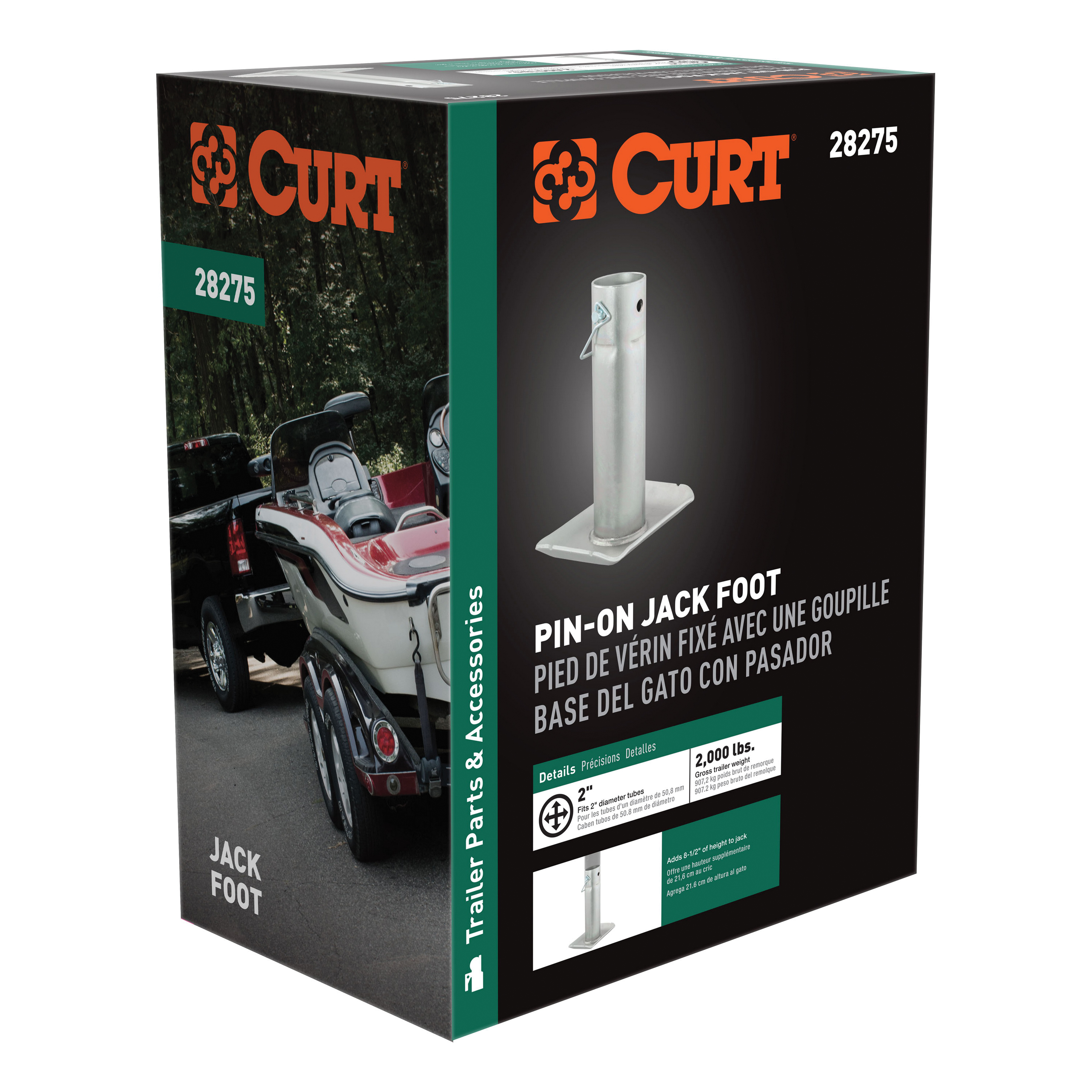 Curt 28275 Jack Foot, For: 2 in Dia Tube, 2000 lb, Pin-On Locking, Steel, Clear Zinc, 1/PK - 5