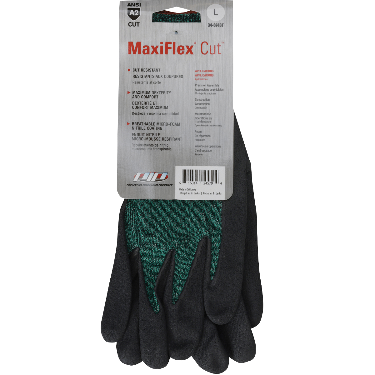 MaxiFlex Cut 34-8743T/L Seamless Knit Coated Gloves, L, Reinforced Thumb, Knit Wrist Cuff, Nitrile Coating