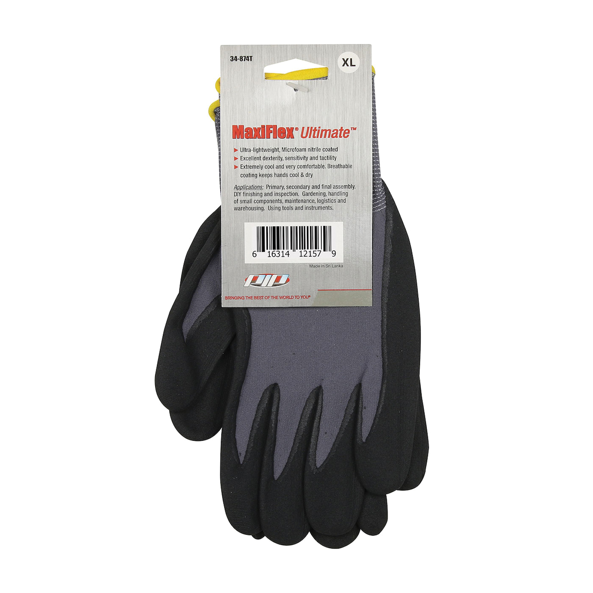 MaxiFlex Ultimate 34-874T/XL Seamless Knit Coated Gloves, Unisex, XL, 8.7 in L, Knit Wrist Cuff, Black/Gray