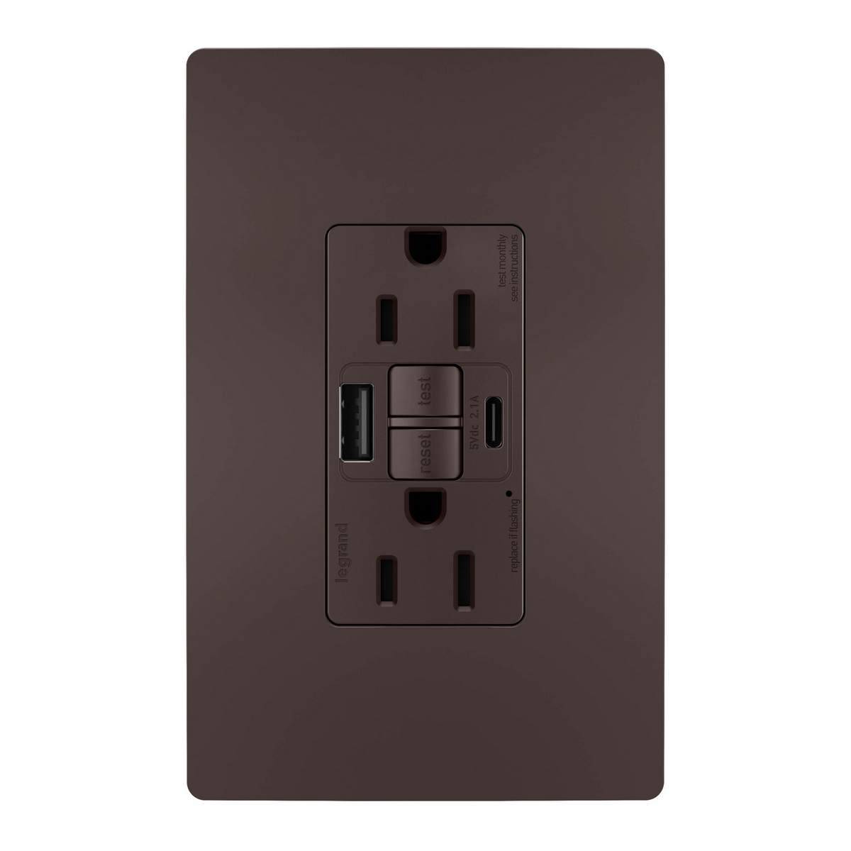 radiant® 1597TRUSBACDBC4 Self-Test GFCI USB Outlet, 2-Pole, 15/2.1 A, 125 VAC, 1-Gang, 2-USB Port