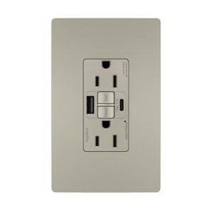 radiant® 1597TRUSBACNIC4 GFCI Receptacle, 15 A, 125 V, 1-Gang, 2-USB Port, USB-A, USB-C USB, Nickel
