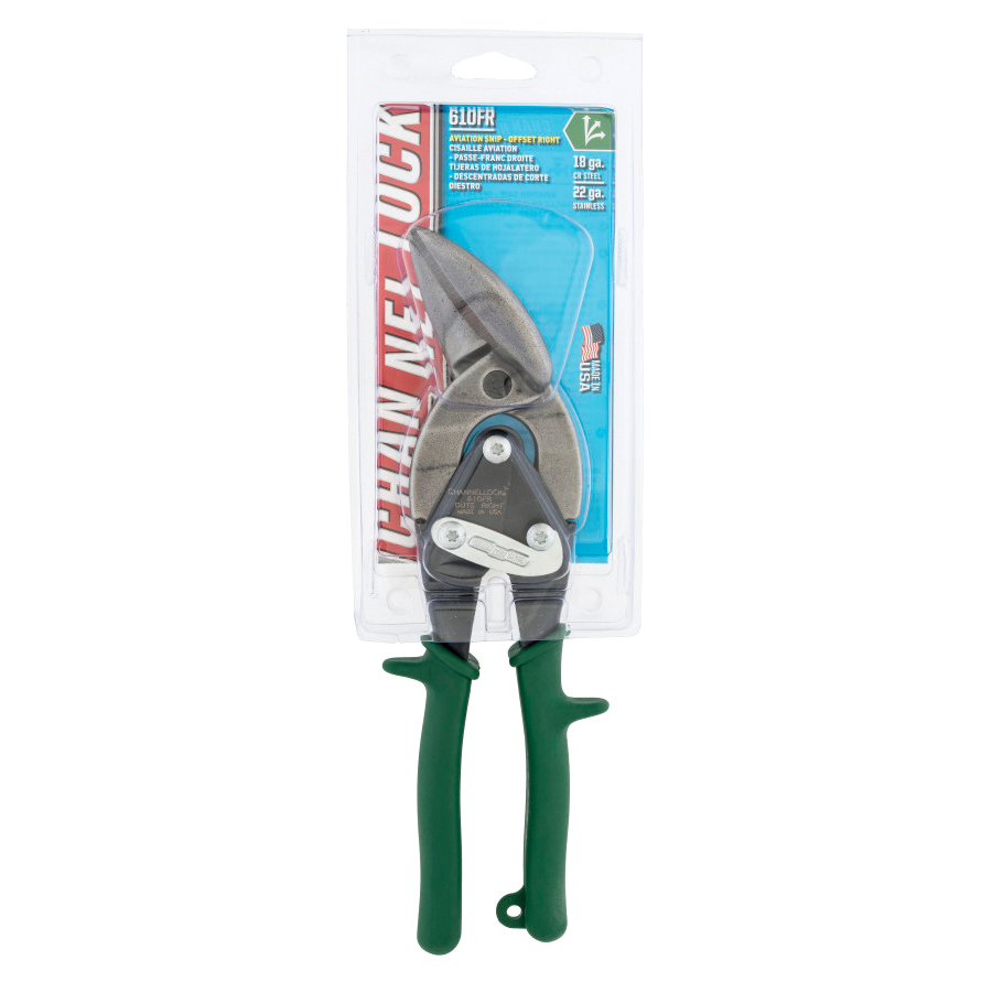 610FR Offset Aviation Snip, 9.6 in OAL, 1-1/4 in L Cut, Right Cut, Molybdenum Alloy Steel Blade