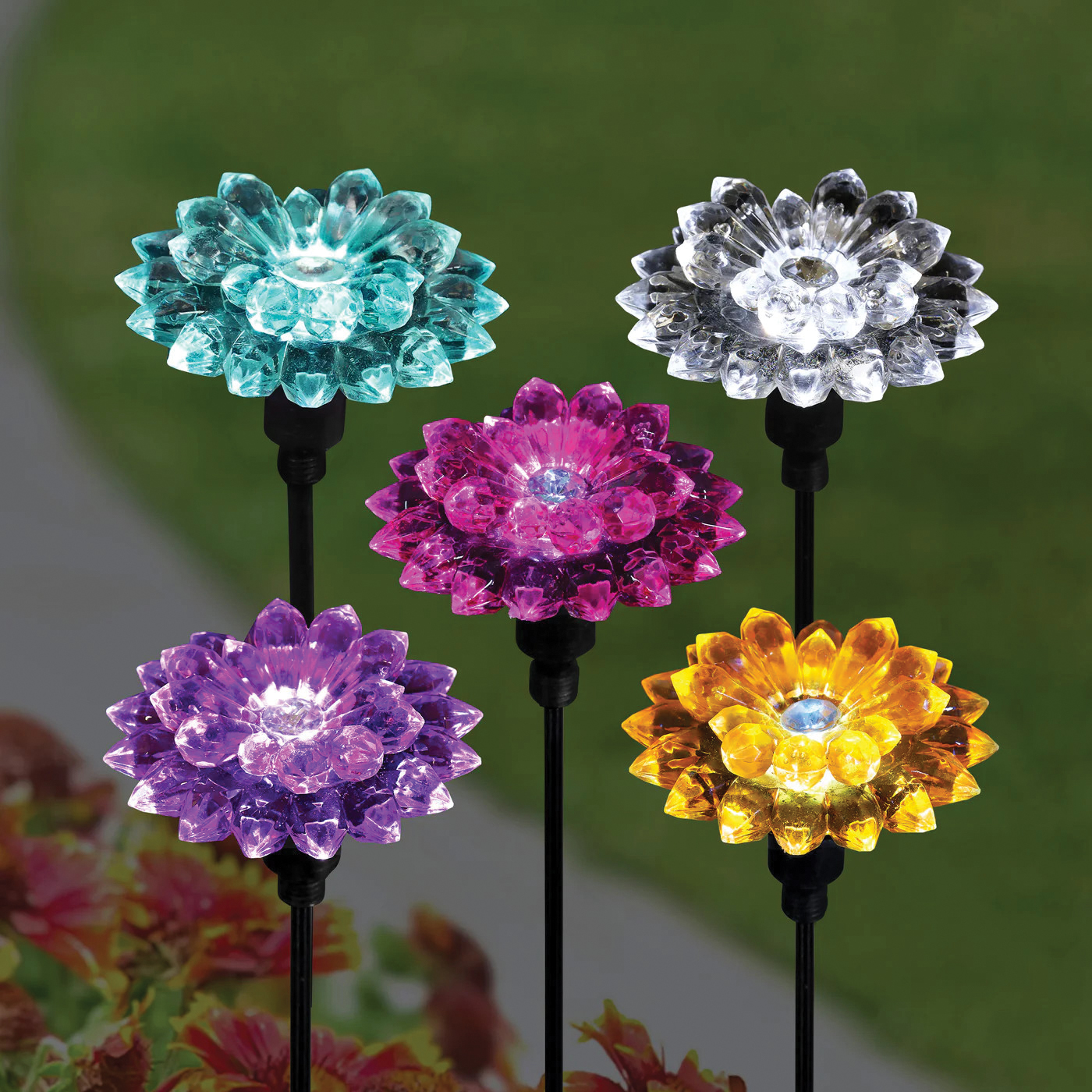 Exhart 54153 Solar Plant Stake, Dahlia, LED Lamp, Blue/Clear/Pink/Purple/Orange
