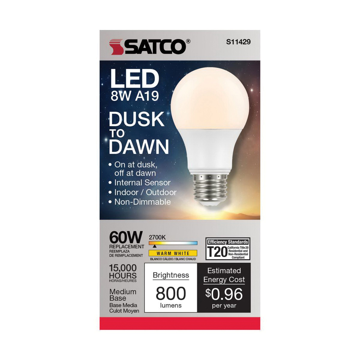 LED Lamp w/Photocell, Satco, Dusk to Dawn, A19 Lamp, 60 W Equivalent, E26 Medium Lamp Base, Non-Dimmable, White - 3