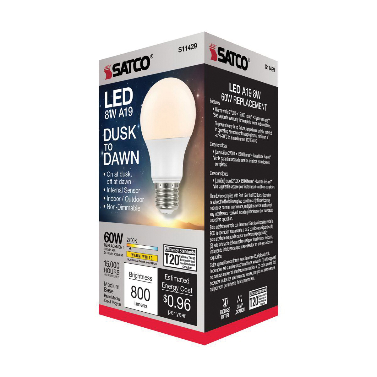 LED Lamp w/Photocell, Satco, Dusk to Dawn, A19 Lamp, 60 W Equivalent, E26 Medium Lamp Base, Non-Dimmable, White - 4