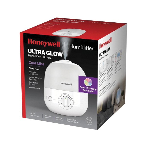 Honeywell HUL530V Humidifier and Diffuser, 120 V, 25 W, 0.5 gal Tank, Knob Control, White