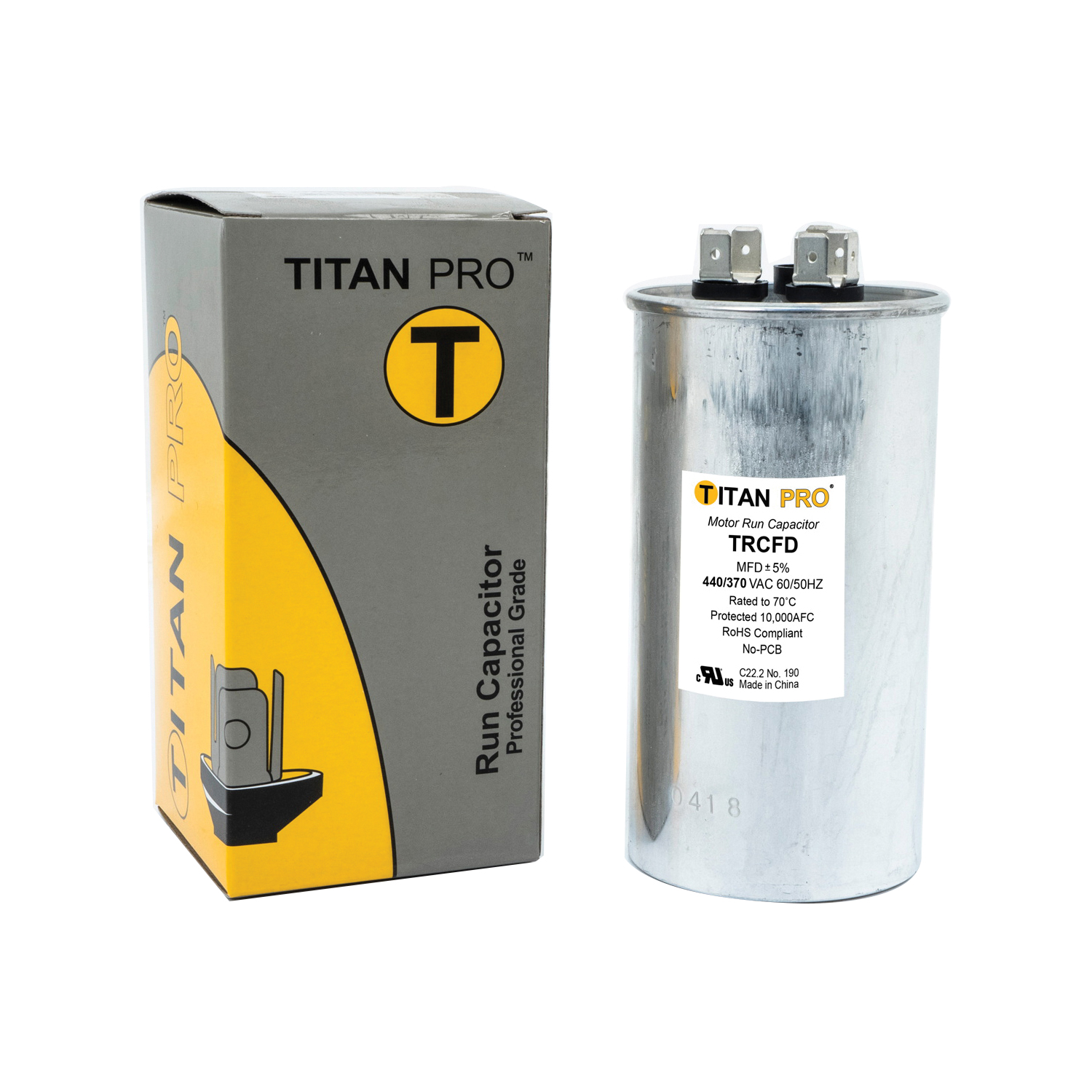 Dual Rated Motor Run Capacitor, Titan Pro, 70+7.5 uF, 440/370 V, Standard Blade Terminal - 2