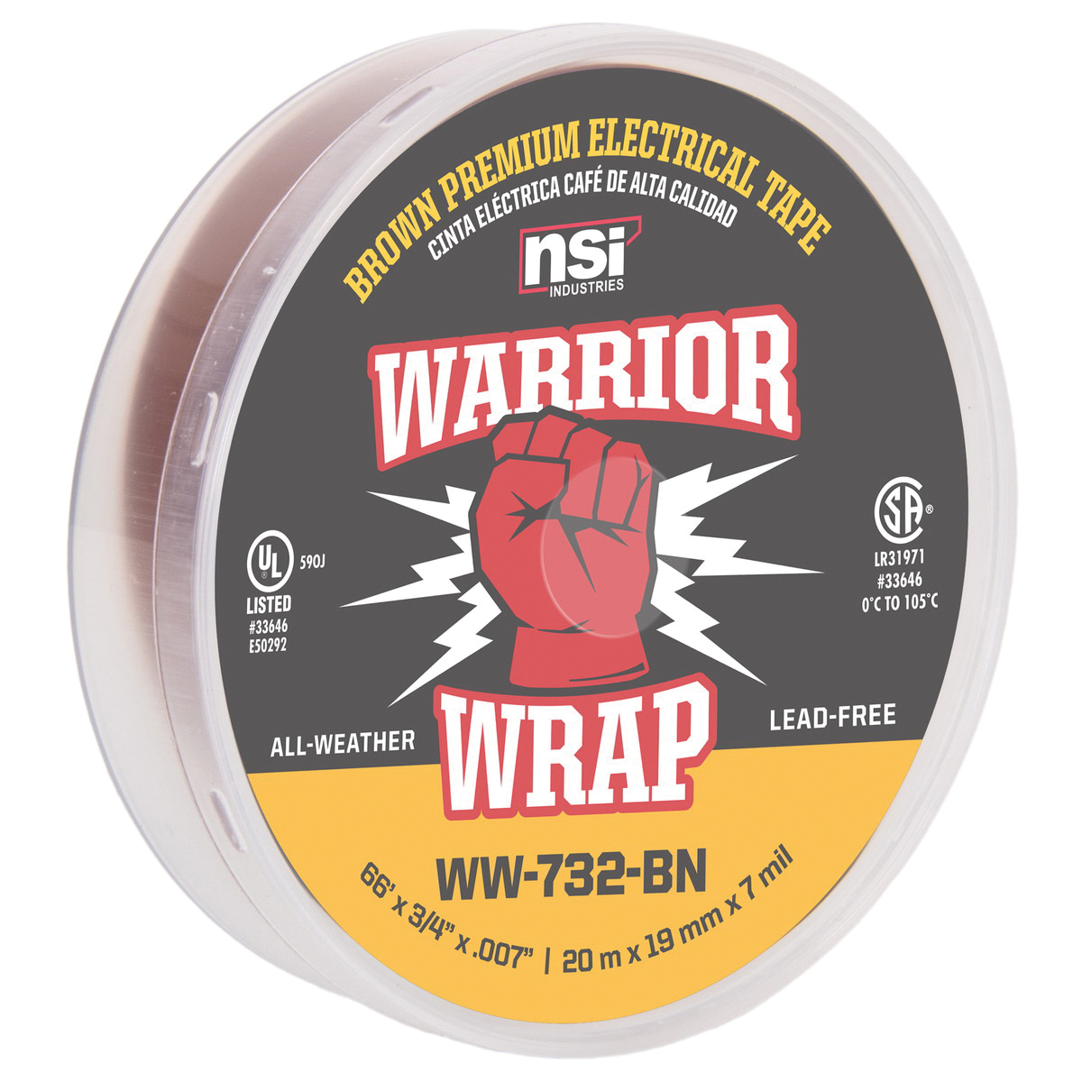 732 Series Electrical Tape, Warrior Wrap, 66 ft L, 3/4 in W, PVC Backing, Brown - 3