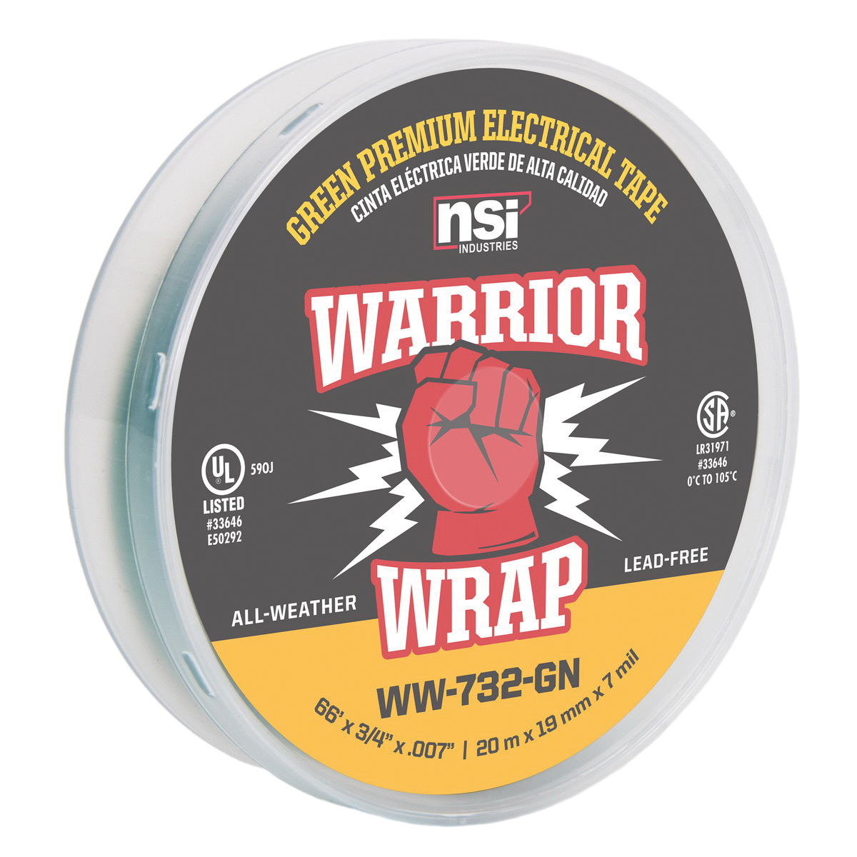 732 Series Electrical Tape, Warrior Wrap, 66 ft L, 3/4 in W, PVC Backing, Green - 3