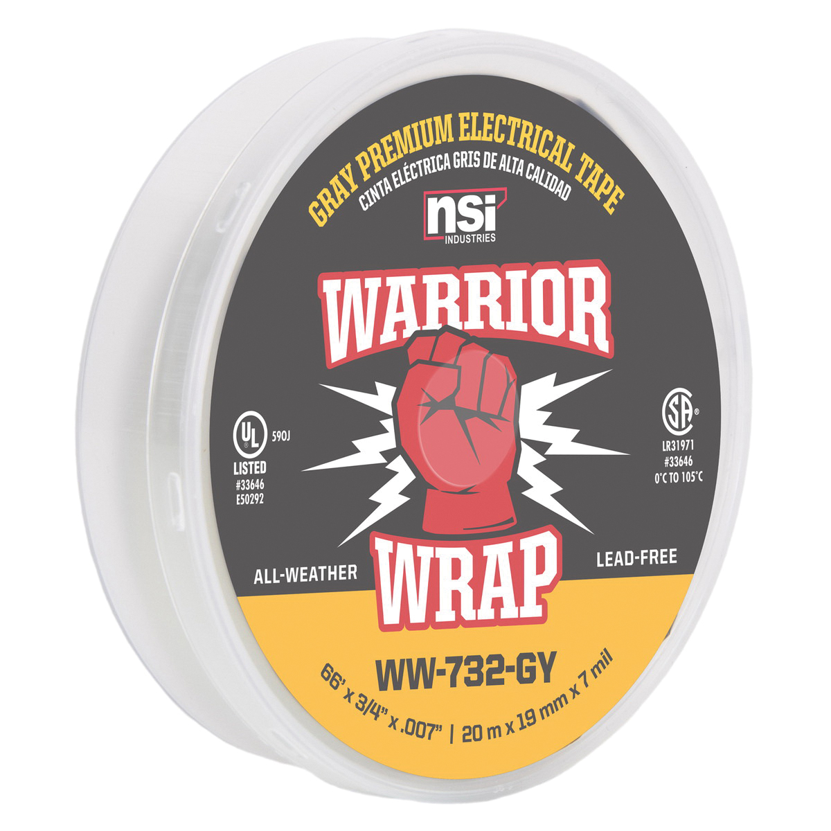 732 Series Electrical Tape, Warrior Wrap, 66 ft L, 3/4 in W, PVC Backing, Gray - 3