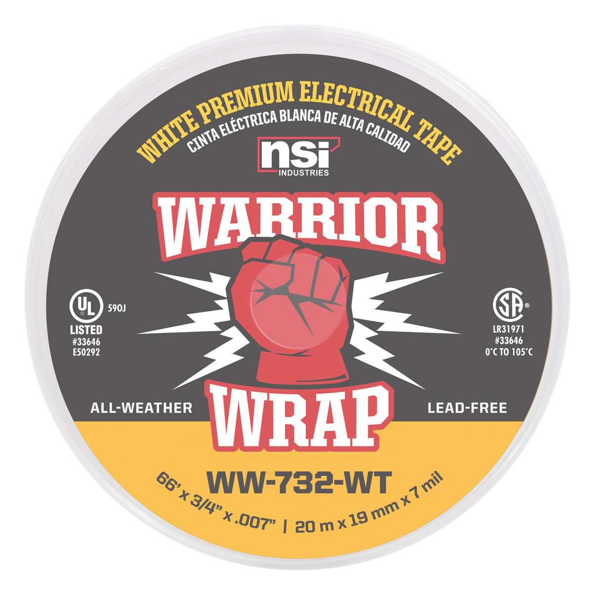 732 Series Electrical Tape, Warrior Wrap, 66 ft L, 3/4 in W, PVC Backing, White - 5