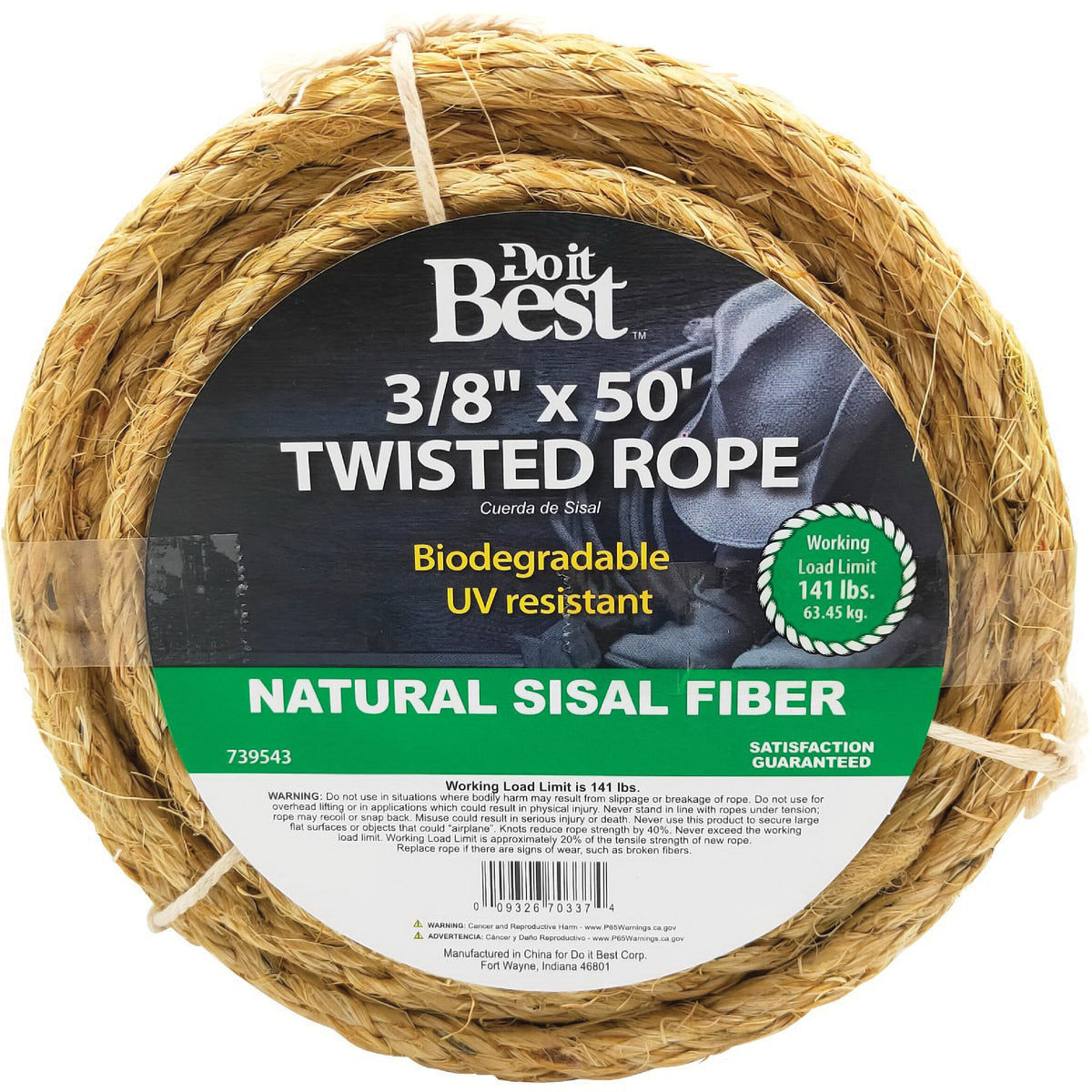 Do It Best 739543 Rope, 3/8 in Dia, 50 ft L, 140 lb Working Load, Sisal Fiber, Natural