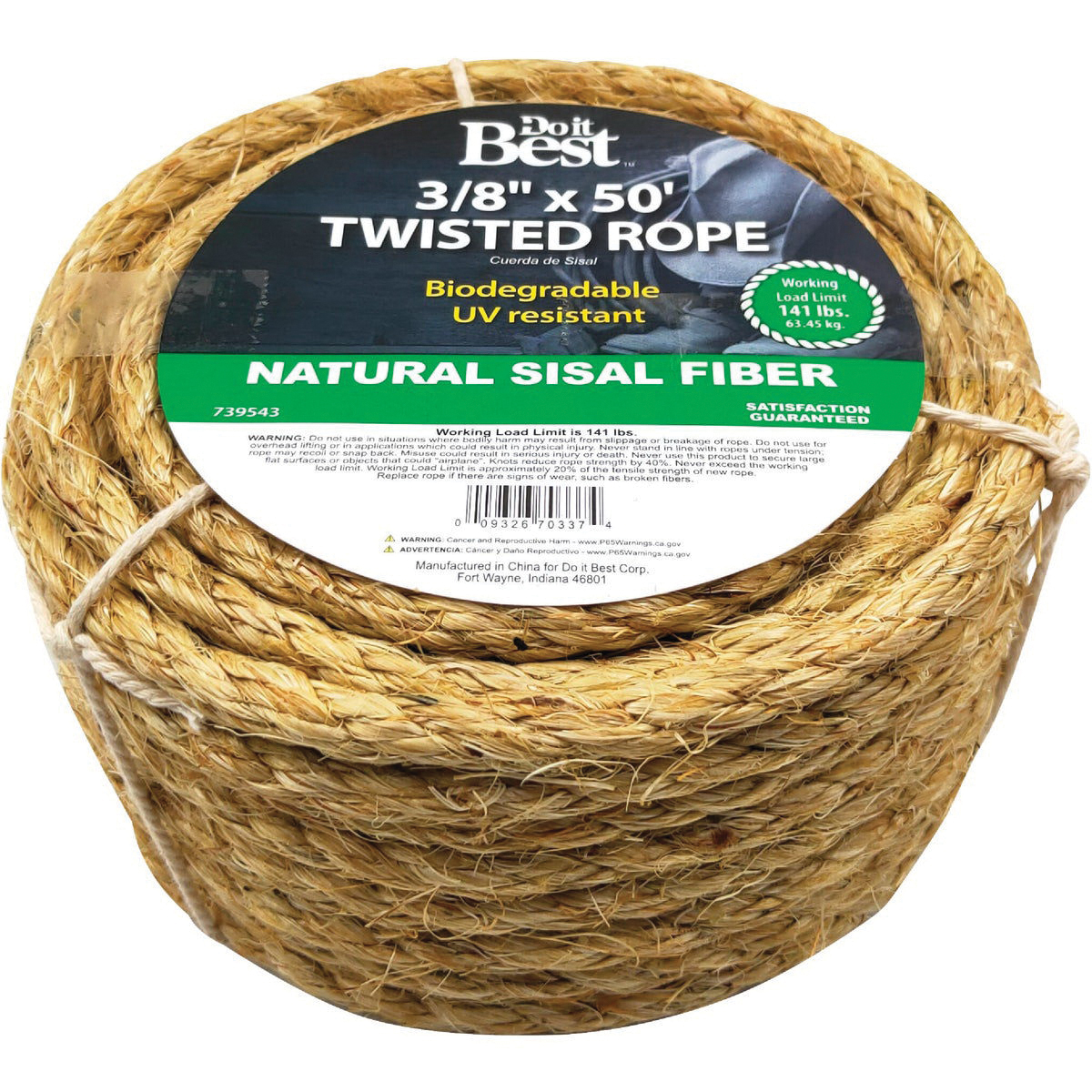 Do It Best 739543 Rope, 3/8 in Dia, 50 ft L, 140 lb Working Load, Sisal Fiber, Natural