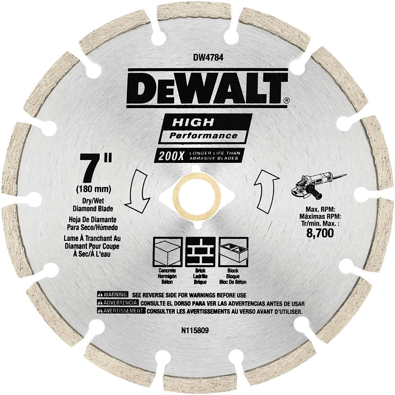 HP DW4784 Saw Blade, 7 in Dia, 5/8, 7/8 in Arbor, Diamond Cutting Edge, Segmented Rim