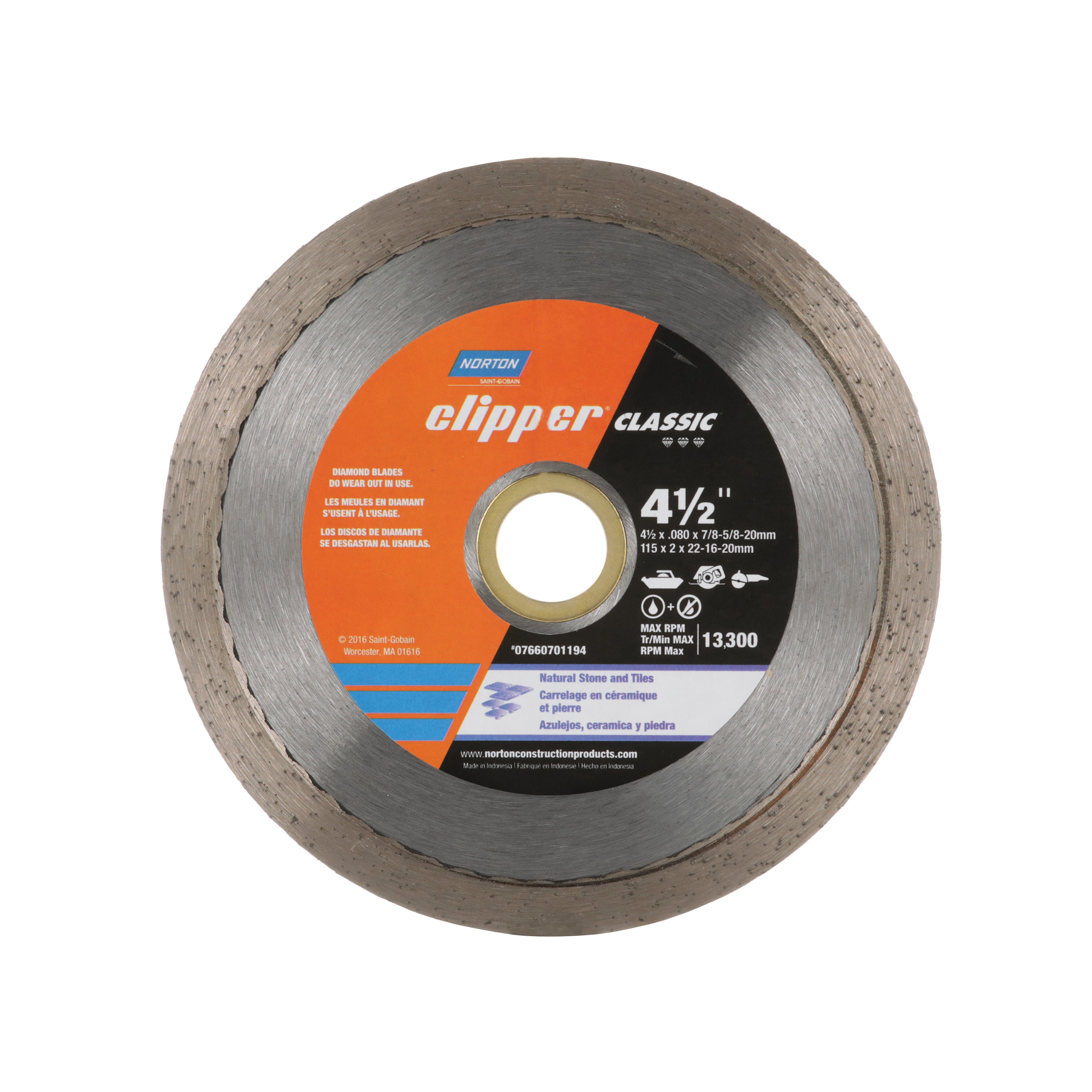 Clipper Classic Series 07660701194 Diamond Saw Blade, 4-1/2 in Dia, 20 mm Arbor, Continuous Rim