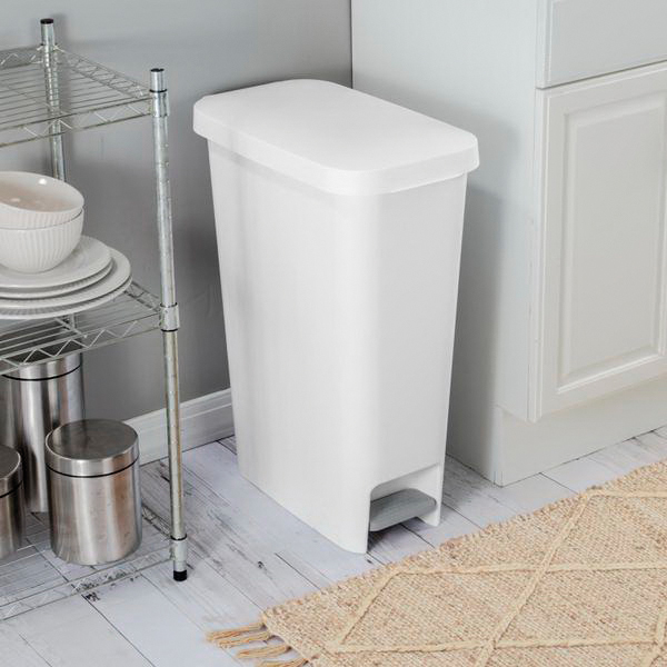 Sterilite 10588004 Slim Step-On Wastebasket, 11 gal, White