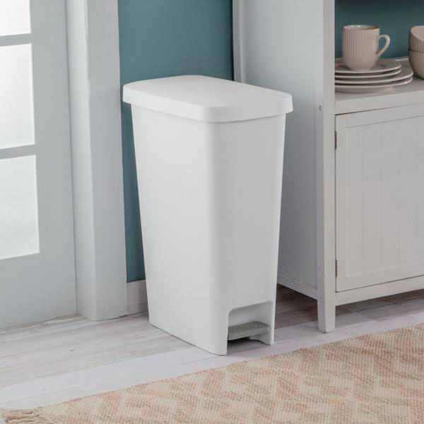 Sterilite 10588004 Slim Step-On Wastebasket, 11 gal, White