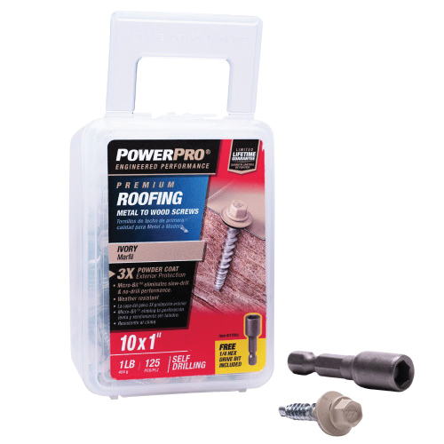 117910 Roofing Screw, #10 Thread, 1 in L, Hex Washer Head, Hex Drive, Micro Bit Self-Drilling Point, Ivory, 125 ea