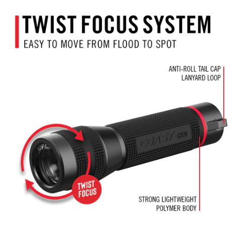 Coast GX20 Flashlight, AAA Battery, Alkaline Battery, LED Lamp, 1200 Lumens, Spot Beam, 853 ft Beam Distance, Black