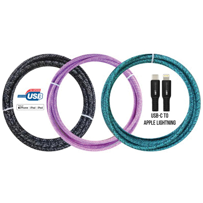 GP-XL-BRDC-L Power Delivery Braided Charging Cable, USB-C, Apple Lightning, 10 ft Cable, Multi-Color