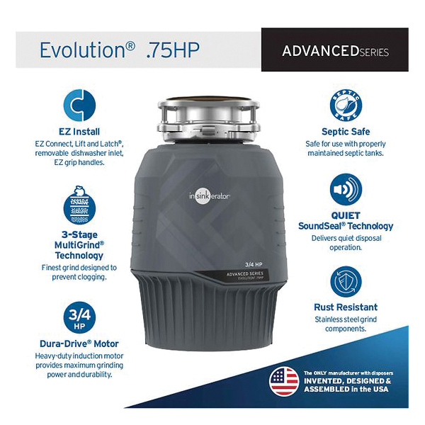 InSinkErator Evolution Series 80021-ISE Garbage Disposal, 3/4 hp Motor, 120 V, Steel, Gray
