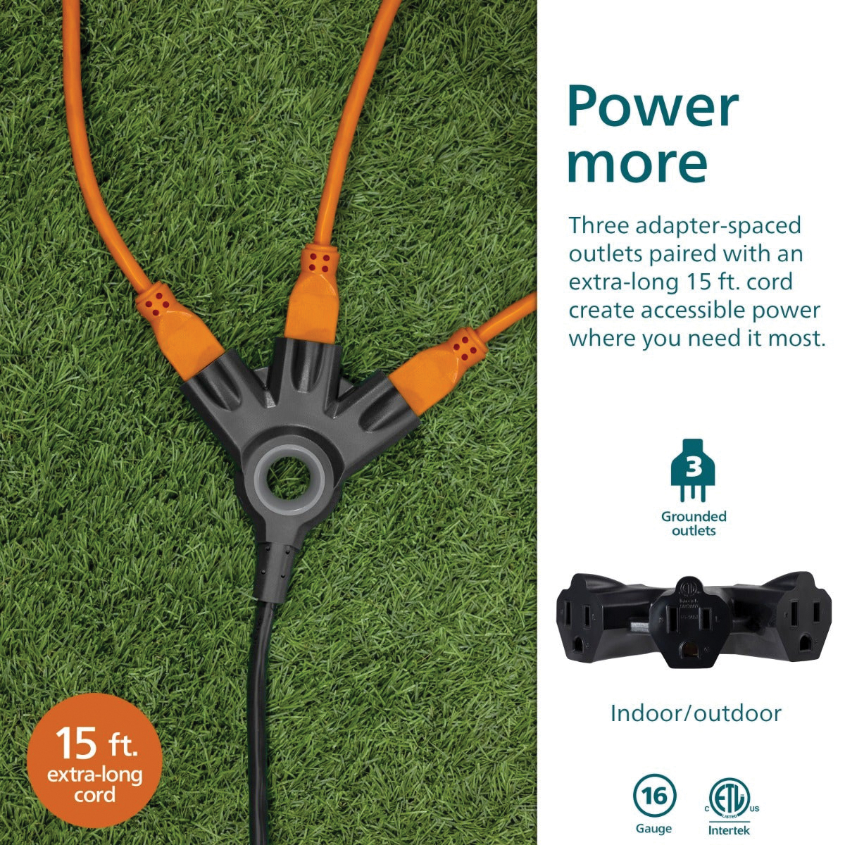 Extension Cord with 3-Way Power Block, Philips, 16/3 AWG Cable, Grounded Plug, 3-Socket, 13 A, 125 V - 3