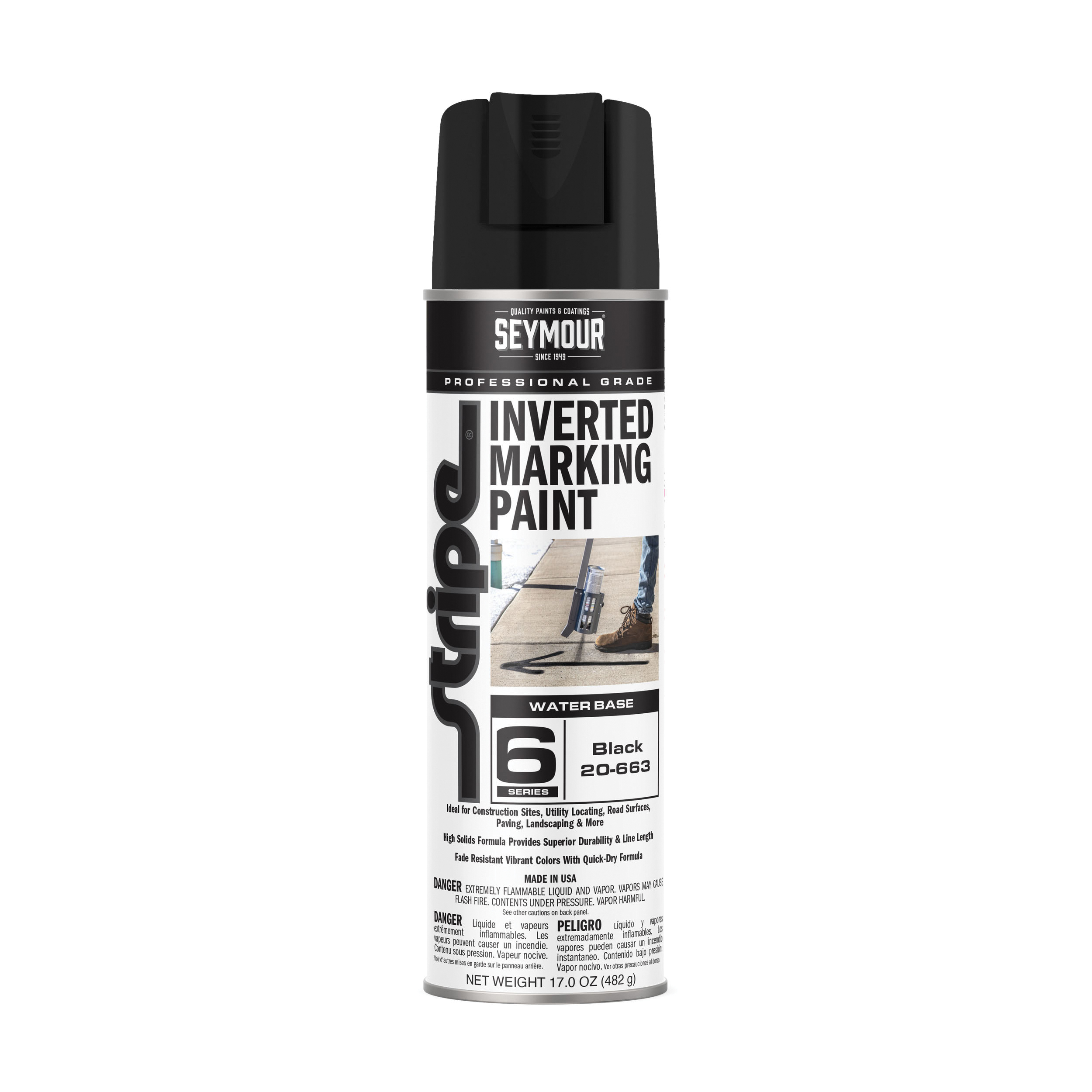 Seymour Stripe 6 Series 20-663 Inverted Ground Marking Paint, Flat, Gloss, Black, 20 oz, Aerosol