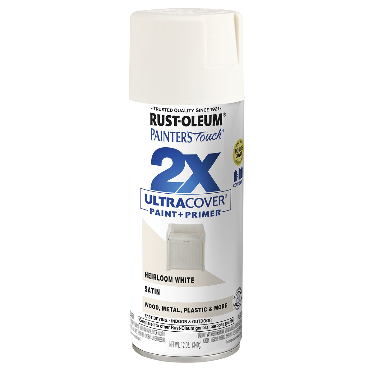 Painter's Touch 2X Ultra Cover 334071 Spray Paint, Satin, Heirloom White, 12 oz, Aerosol Can