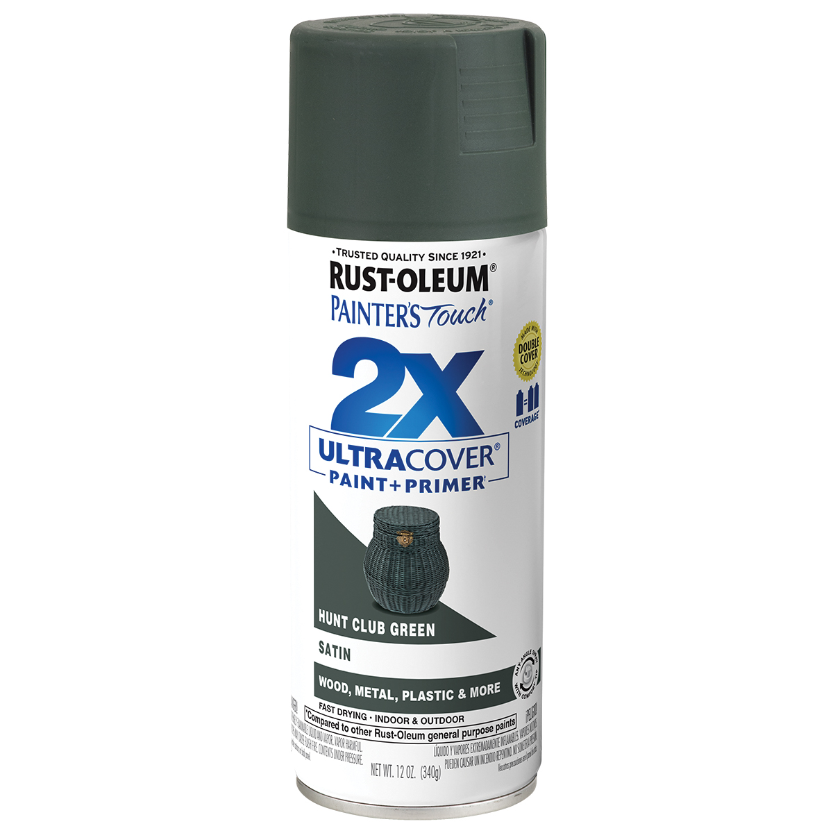 Painter's Touch 2X Ultra Cover 334072 Spray Paint, Satin, Hunt Green Club, 12 oz, Aerosol Can