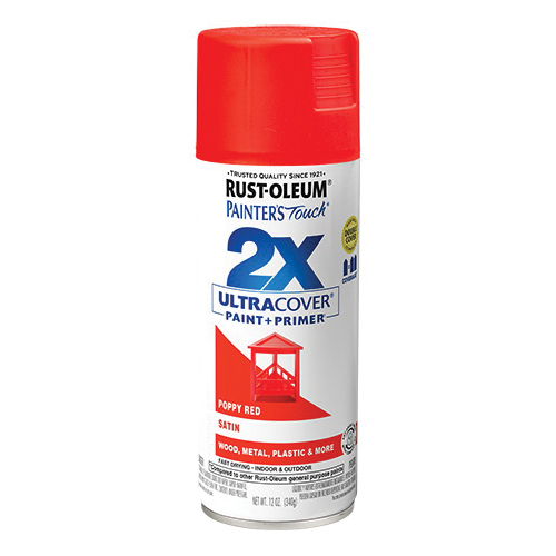 Painter's Touch 2X Ultra Cover 334084 Spray Paint, Satin, Poppy Red, 12 oz, Aerosol Can