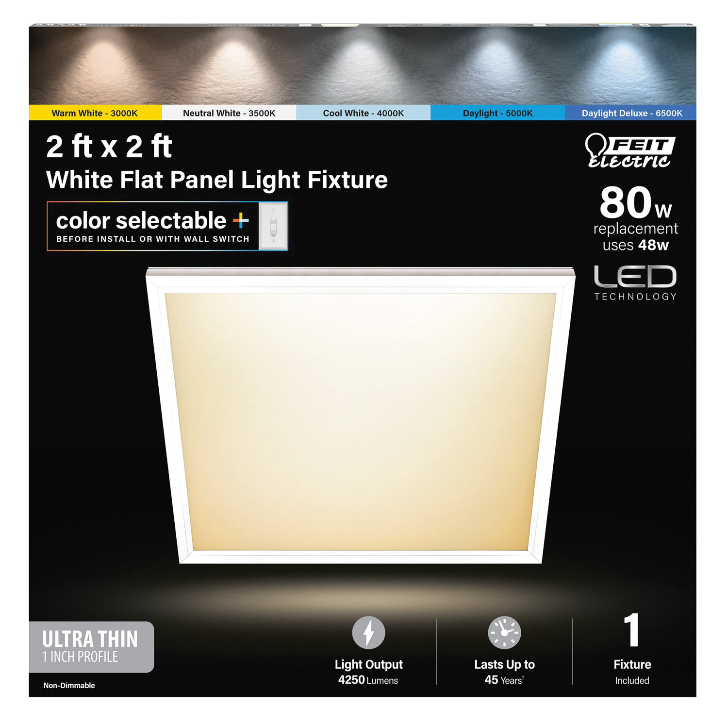 Feit Electric FP2X2/6WY/WH Flush-Mount Light Fixture, 120 V, 48 W, LED Lamp, 4250 Lumens, Plastic Fixture, White Fixture - 3