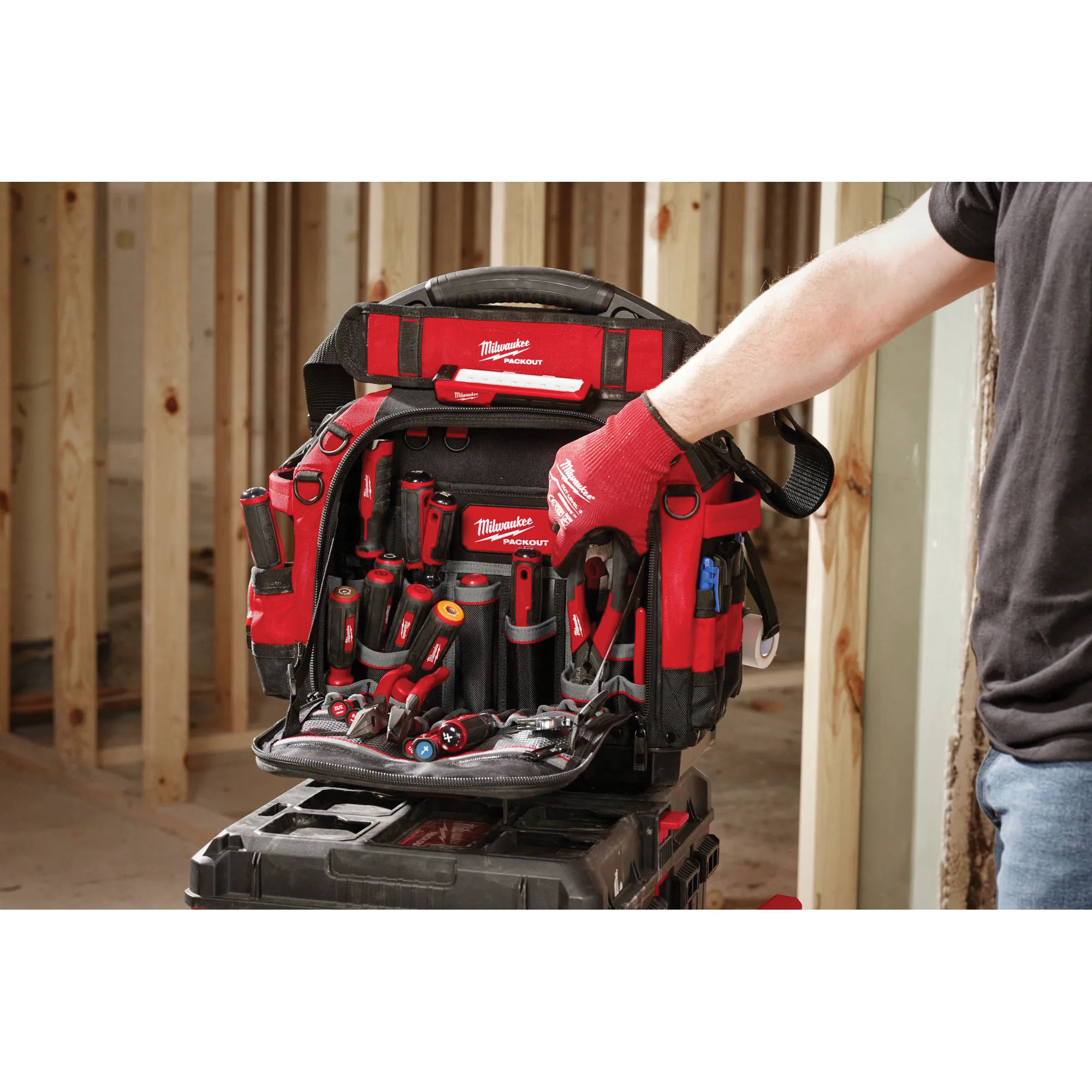 Milwaukee PACKOUT 48-22-8316 Structured Tool Bag, 10 in W, 18 in D, 19-3/4 in H, 65 -Pocket, Polyester, Red - 5