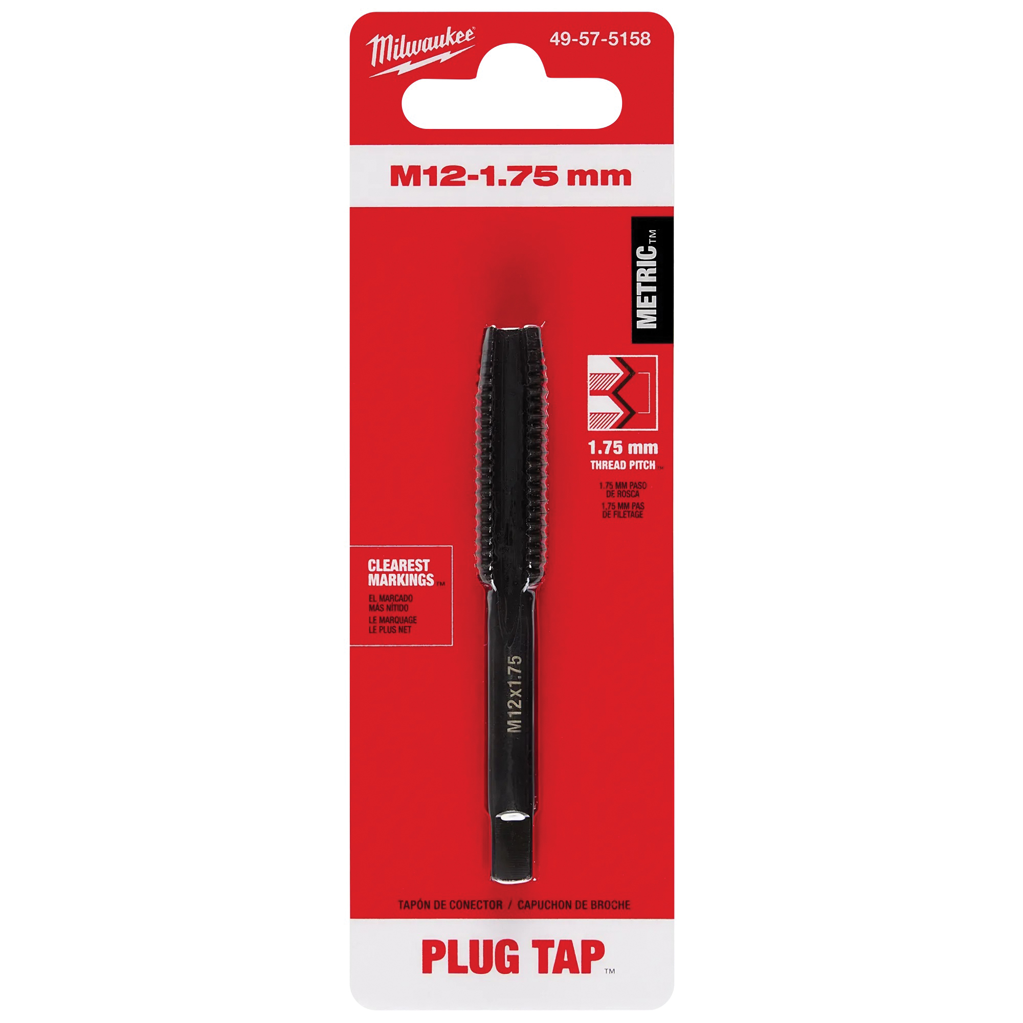 49-57-5158 Straight Flute Plug Tap, M12x1.75 Thread, Coarse Thread, 38.1 mm L Thread, 4-Flute, HCS